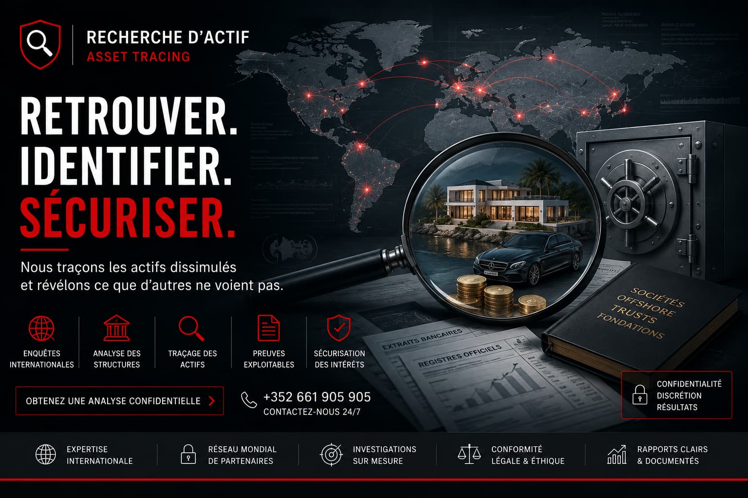 Recherche d'actifs (Asset Tracing) internationale : identification d'avoirs, patrimoine, sociétés offshore et bénéficiaires effectifs