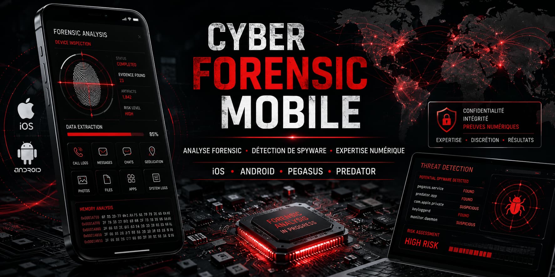 Cyber Forensic Mobile - Audit Smartphone iOS Android Cyber Forensic mobile au Luxembourg - analyse de smartphones iPhone et Android, détection de logiciels espions Pegasus, Predator, spyware et malware