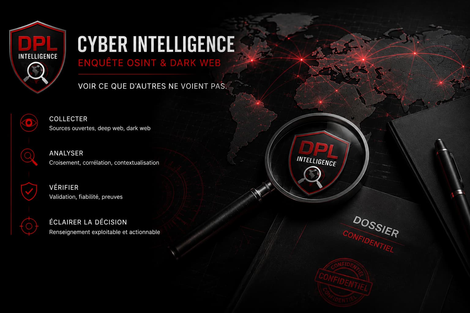 Cyber Intelligence, enquête OSINT et Dark Web par DPL Intelligence au Luxembourg : collecte, analyse et vérification de renseignements numériques.