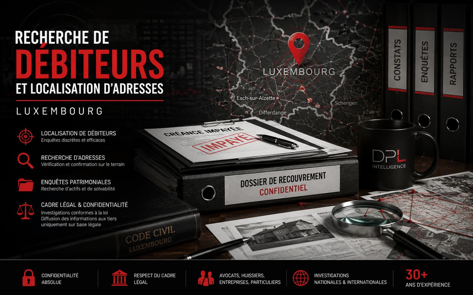 Recherche de débiteurs, localisation d'adresses et enquêtes de solvabilité au Luxembourg par DPL Intelligence